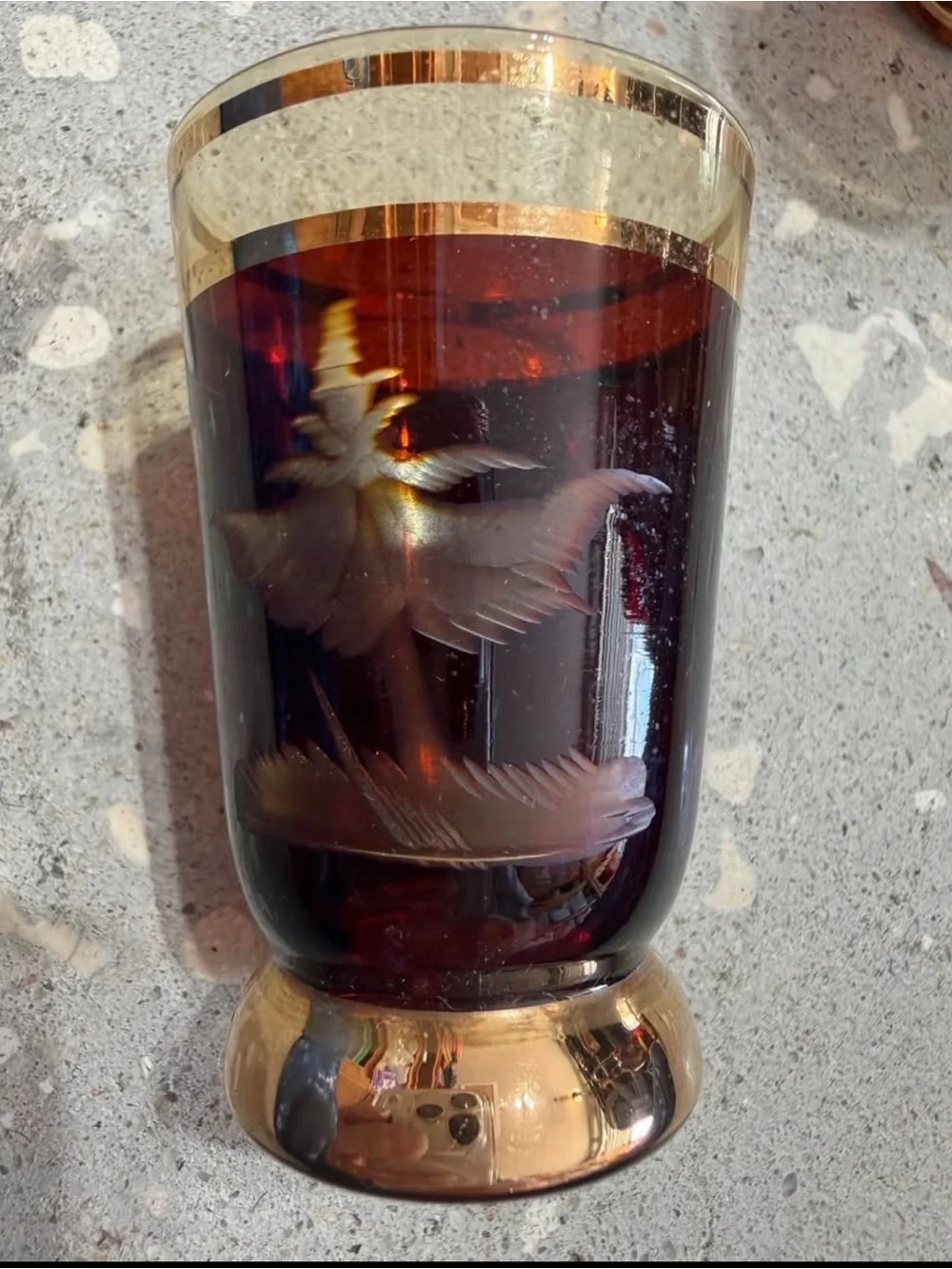 1950’s Bohemian Amber Glass & Gold Decanter  & Cordial Cups Set